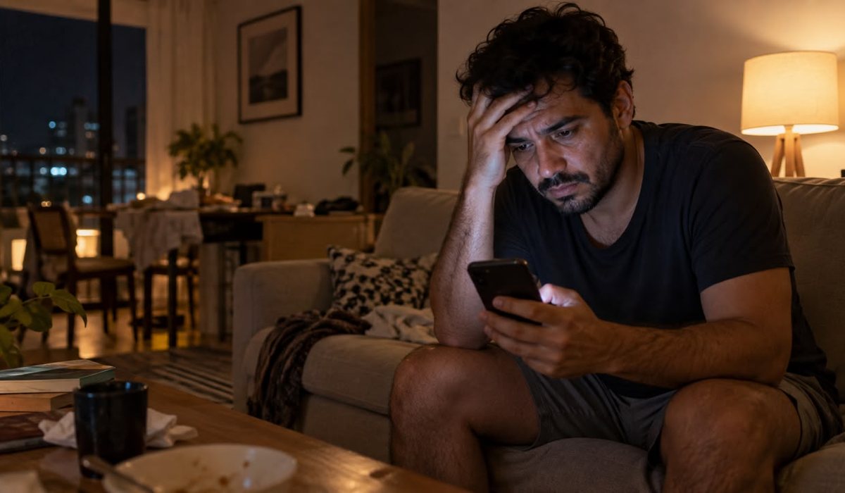 Homem preocupado no sofá, à noite, com a mão na cabeça olhando o celular depois de perder o acesso à conta